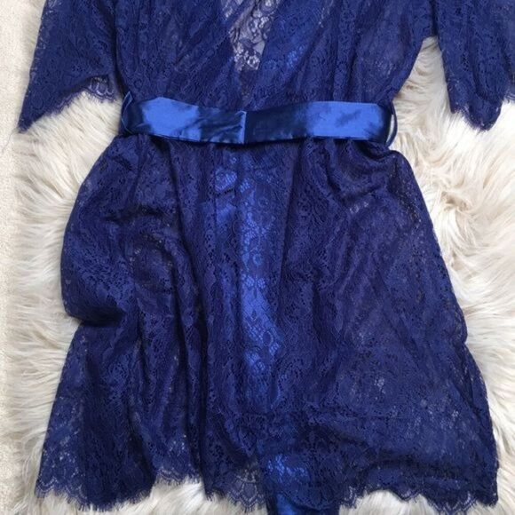 Fredericks Of Hollywood Blue Lace & Satin Robe With Belt Size Large - Picture 3 of 7